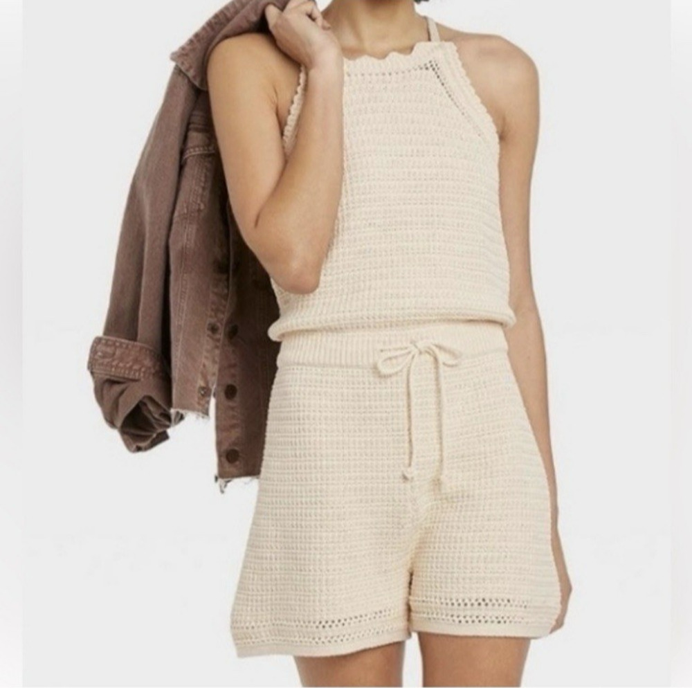 Universal Thread Crochet Knit Romper Womens Small Cream Sleeveless Back Tie Boho